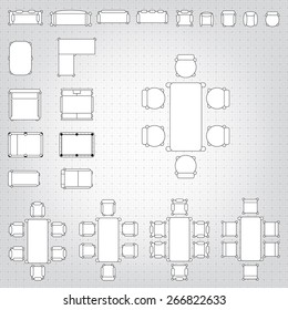 Set of simple 2d flat vector icons furniture for floor plan outline on blueprint technical grid background. Tables and chairs editable EPS10 vector illustration for interior outline design