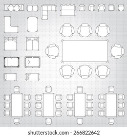 Set of simple 2d flat vector icons furniture for floor plan outline on blueprint technical grid background. Tables and chairs editable EPS10 vector illustration for interior outline design