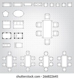 Set of simple 2d flat vector icons furniture for floor plan outline on blueprint technical grid background. Tables and chairs editable EPS10 vector illustration for interior outline design