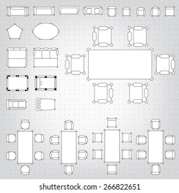 Set of simple 2d flat vector icons furniture for floor plan outline on blueprint technical grid background. Tables and chairs editable EPS10 vector illustration for interior outline design
