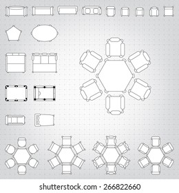 Set of simple 2d flat vector icons furniture for floor plan outline on blueprint technical grid background. Tables and chairs editable EPS10 vector illustration for interior outline design