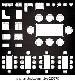 Set of simple 2d flat vector icons furniture for floor plan outline on blueprint technical grid background. Tables and chairs editable EPS10 vector illustration for interior outline design