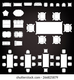 Set of simple 2d flat vector icons furniture for floor plan outline on blueprint technical grid background. Tables and chairs editable EPS10 vector illustration for interior outline design