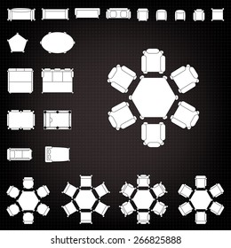 Set of simple 2d flat vector icons furniture for floor plan outline on blueprint technical grid background. Tables and chairs editable EPS10 vector illustration for interior outline design