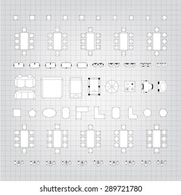 Set of simple 2d flat vector icons furniture for floor plan outline on blueprint technical grid background. Tables and chairs editable EPS10 vector illustration for interior outline design