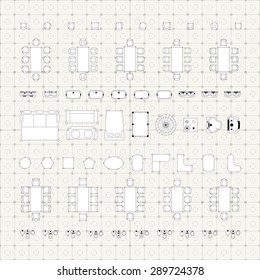 Set of simple 2d flat vector icons furniture for floor plan outline on blueprint technical grid background. Tables and chairs editable EPS10 vector illustration for interior outline design