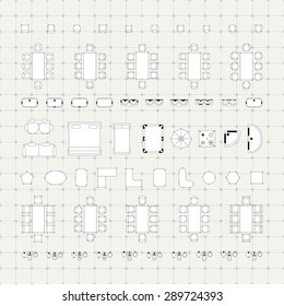 Set of simple 2d flat vector icons furniture for floor plan outline on blueprint technical grid background. Tables and chairs editable EPS10 vector illustration for interior outline design