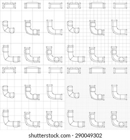 Set of simple 2d flat vector icons furniture for floor plan outline on blueprint technical grid background. Tables and chairs editable EPS10 vector illustration for interior outline design