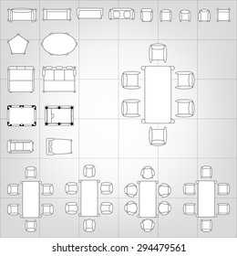 Set of simple 2d flat vector icons furniture for floor plan outline on blueprint technical grid background. Tables and chairs editable EPS10 vector illustration for interior outline design