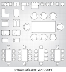 Set of simple 2d flat vector icons furniture for floor plan outline on blueprint technical grid background. Tables and chairs editable EPS10 vector illustration for interior outline design