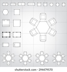 Set of simple 2d flat vector icons furniture for floor plan outline on blueprint technical grid background. Tables and chairs editable EPS10 vector illustration for interior outline design