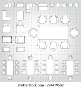 Set of simple 2d flat vector icons furniture for floor plan outline on blueprint technical grid background. Tables and chairs editable EPS10 vector illustration for interior outline design