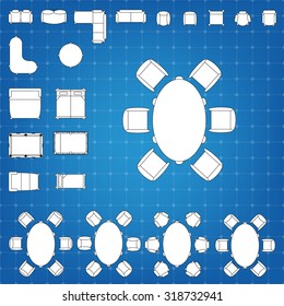 Set of simple 2d flat vector icons furniture for floor plan outline on blueprint technical grid background. 