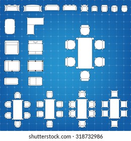 Set of simple 2d flat vector icons furniture for floor plan outline on blueprint technical grid background. 