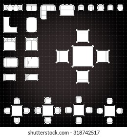 Set of simple 2d flat vector icons furniture for floor plan outline on blueprint technical grid background