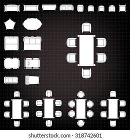 Set of simple 2d flat vector icons furniture for floor plan outline on blueprint technical grid background