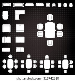 Set of simple 2d flat vector icons furniture for floor plan outline on blueprint technical grid background