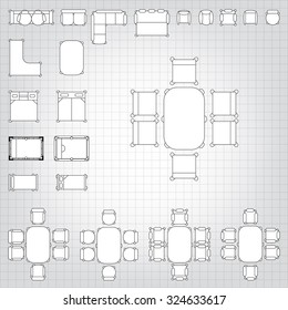 Set of simple 2d flat vector icons furniture for floor plan outline on blueprint technical grid background 