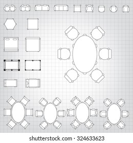Set of simple 2d flat vector icons furniture for floor plan outline on blueprint technical grid background 