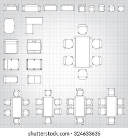 Set of simple 2d flat vector icons furniture for floor plan outline on blueprint technical grid background 