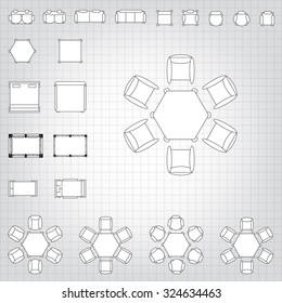 Set of simple 2d flat vector icons furniture for floor plan outline on blueprint technical grid background 