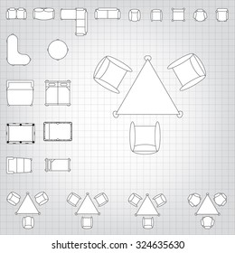Set of simple 2d flat vector icons furniture for floor plan outline on blueprint technical grid background 