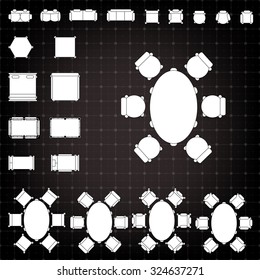 Set of simple 2d flat vector icons furniture for floor plan outline on blueprint technical grid background 