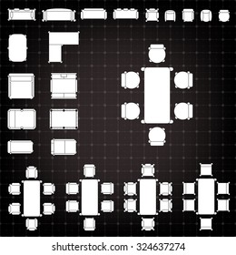 Set of simple 2d flat vector icons furniture for floor plan outline on blueprint technical grid background 