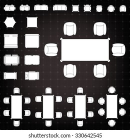 Set of simple 2d flat vector icons furniture for floor plan outline on black blueprint technical grid background 