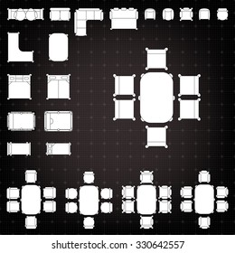 Set of simple 2d flat vector icons furniture for floor plan outline on black blueprint technical grid background 