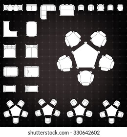 Set of simple 2d flat vector icons furniture for floor plan outline on black blueprint technical grid background 