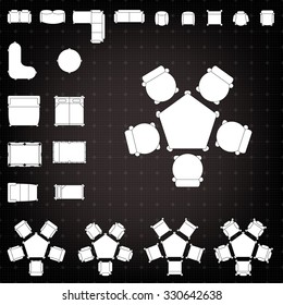 Set of simple 2d flat vector icons furniture for floor plan outline on black blueprint technical grid background 