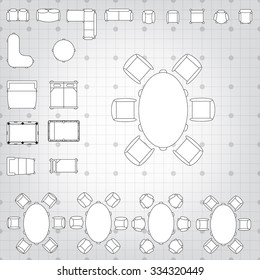 Set of simple 2d flat vector icons furniture for floor plan outline on blueprint technical grid background. Tables and chairs editable EPS10 vector illustration for interior outline design