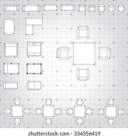 Set of simple 2d flat vector icons furniture for floor plan outline on blueprint technical grid background 