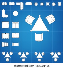 Set of simple 2d flat vector icons furniture for floor plan outline on blueprint technical grid background 