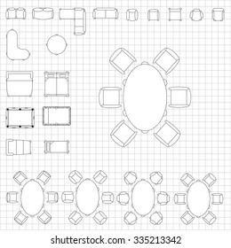 Set of simple 2d flat vector icons furniture for floor plan outline on blueprint technical grid background