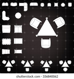 Set of simple 2d flat vector icons furniture for floor plan outline on blueprint technical grid background 