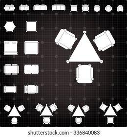 Set of simple 2d flat vector icons furniture for floor plan outline on blueprint technical grid background 
