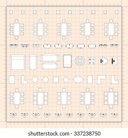 Set of simple 2d flat vector icons furniture for floor plan outline on blueprint technical grid background