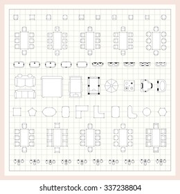 Set Of Simple 2d Flat Vector Icons Furniture For Floor Plan Outline On Blueprint Technical Grid Background