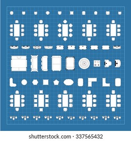 Set of simple 2d flat vector icons furniture for floor plan outline on blueprint technical grid background 