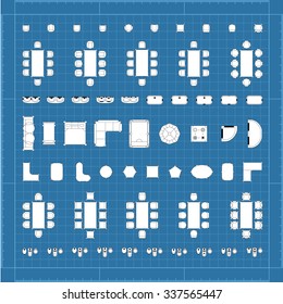 Set of simple 2d flat vector icons furniture for floor plan outline on blueprint technical grid background 