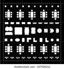 Set of simple 2d flat vector icons furniture for floor plan outline on blueprint technical grid background 
