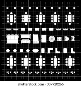 Set of simple 2d flat vector icons furniture for floor plan outline on blueprint technical grid background 