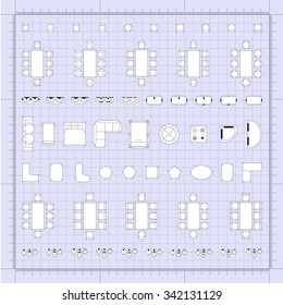 Set of simple 2d flat vector icons furniture for floor plan outline on blueprint technical grid background 