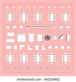 Set of simple 2d flat vector icons furniture for floor plan outline on blueprint technical grid background 