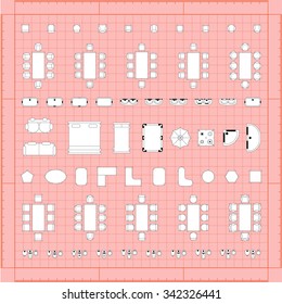 Set of simple 2d flat vector icons furniture for floor plan outline on blueprint technical grid background 