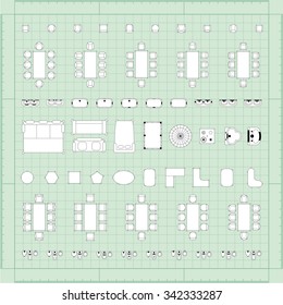 Set of simple 2d flat vector illustrations for interior outline design on scale technical grid background