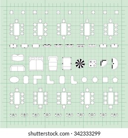 Set of simple 2d flat vector illustrations for interior outline design on scale technical grid background