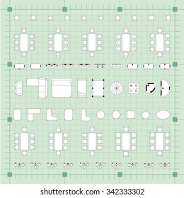 Set of simple 2d flat vector illustrations for interior outline design on scale technical grid background